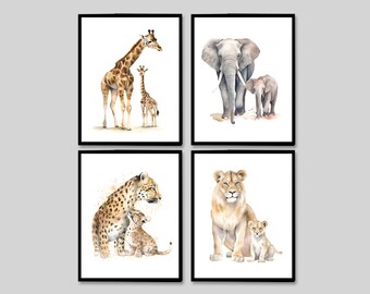 Safari Animals Babies Mother and Baby Art Print Nursery Wall Decor Zoo set of 4 Giraffe Elephant Lion Monkey digital Ai Generated