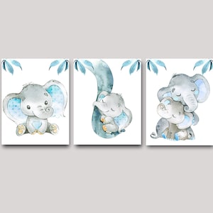 Póster de elefante para guardería de bebé, impresión artística, decoración de pared para habitación de niños, juego de 3 pegatinas de lienzo en azul y gris