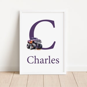 Monster truck impressão de parede menino personalizado bebê primeiro nome sinal cartaz crianças arte do berçário carta inicial digital quarto criança decoração personalizada
