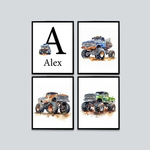 Stampe di Monster Truck Targa personalizzata con nome del ragazzo Decorazione della parete della scuola materna del bambino Poster art personalizzato per la camera dei bambini Set di 4 immagini per bambini Sala giochi digitale
