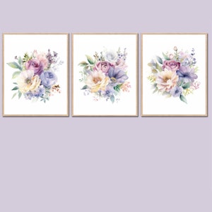 Juego de 3 carteles para niños con diseño de casa en lienzo digital de color morado y lavanda para dormitorio infantil con diseño de flores para niña