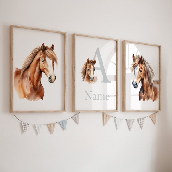 neutraal paard gepersonaliseerde kinderkamer kunst aan de muur afdrukken aangepaste naam baby meisje jongen slaapkamer decor kinderposters set van 3 digitale foto's