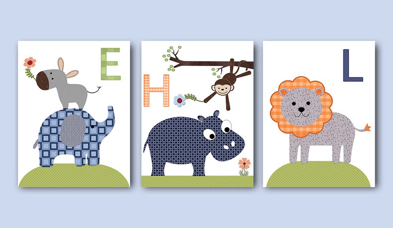 Navy Green Blue Gray Canvas Wall Art Elephant Lion