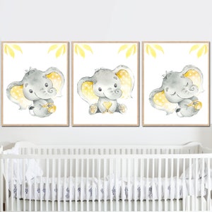Decorazione elefante Baby Girl Boy Nursery Wall Art Print Poster Camera dei bambini Set di 3 opere d'arte Grigio Giallo immagini del bambino /