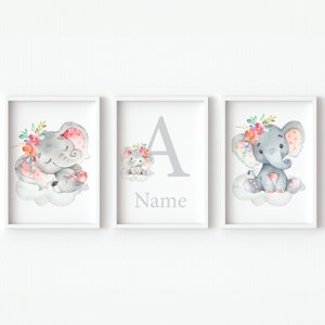 Letras iniciales, impresiones, nombre de elefante, arte de pared, decoración personalizada para guardería de niñas, dormitorio infantil personalizado, juego floral de 3 piezas, póster gris para niños