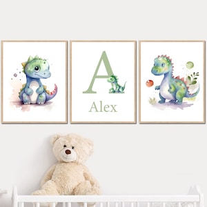 Stampa artistica da parete con dinosauri, decorazione per la cameretta dei bambini, poster per la cameretta dei bambini, set di 3 nomi personalizzati, generato da intelligenza artificiale digitale