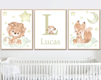 Personalized Baby Name Print Neutral Nursery Wall Art Decor Initial Boy Kids Room Sign Children Lion Fox Monkey set of 3 olive green beige