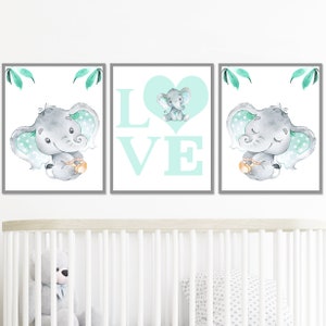Decorazione da parete per bambini, camera da letto neutra, asilo nido, elefante, arte per bambini, stampabile, ragazza, ragazzo, set di 3 poster di genere, bambino, grigio, menta, immagini digitali