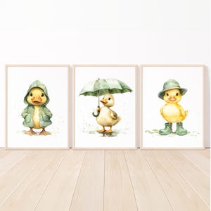Stampa artistica da parete con anatra, decorazione da camera da letto per bambina e ragazzo, colore giallo e verde, poster unisex, set di 3 quadri digitali per bambini su tela