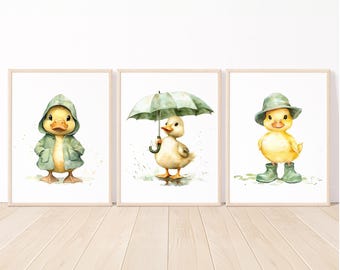 Duck Nursery Wall Artwork Printable Yellow Green Girl Boy Bedroom Decor Gender Neutral Poster Kids set of 3 digital child pictures canvas