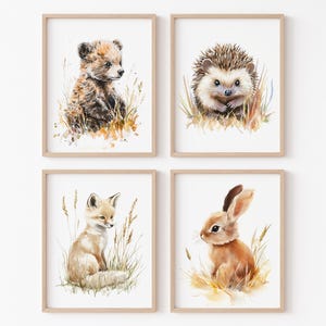 Pósteres de animales del bosque neutros, impresiones para guardería, arte de pared de bosque para niños, decoración de dormitorio de bebé, juego de 4, lienzo digital para niños, zorro, conejo y oso