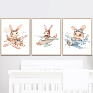 Decorazione per la cameretta dei bambini, decorazione da parete per la camera dei bambini, stampabile, poster per bambini, set di 3 tele, coniglietto, piccolo regalo digitale neutro
