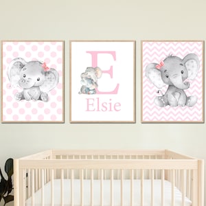 Elefante vivero arte personalizado letra inicial impresiones niñas nombre pared bebé decoración pequeño dormitorio niños conjunto de 3 cartel niño rosa gris regalo