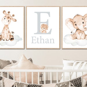 Custom Baby Name Neutral Nursery Art Initial Prints Personalized Elephant Wall Decor Boy Children girl set of 3 for Kids beige gray digital image 2