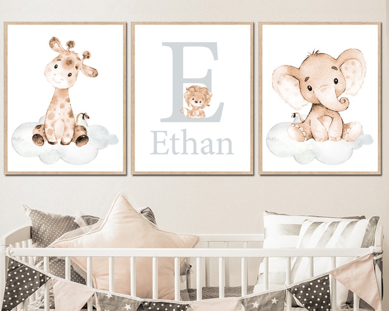 Custom Baby Name Neutral Nursery Art Initial Prints Personalized Elephant Wall Decor Boy Children girl set of 3 for Kids beige gray digital image 2