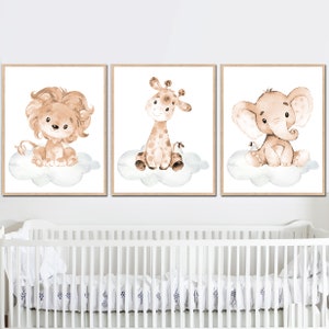 Neutro Baby Girl Boy Nursery Decor Safari Art stampabile digitale Kid Room Jungle Animals set di 3 Genere Elefante Leone giraffa pastello piccolo