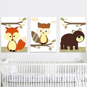 Woodland Forest Art Stampabile Decorazione da Parete per Asilo Nido Bambina Bambini Camera da Letto Animali Set di 3 Poster Orso Volpe Procione Immagini Digitali