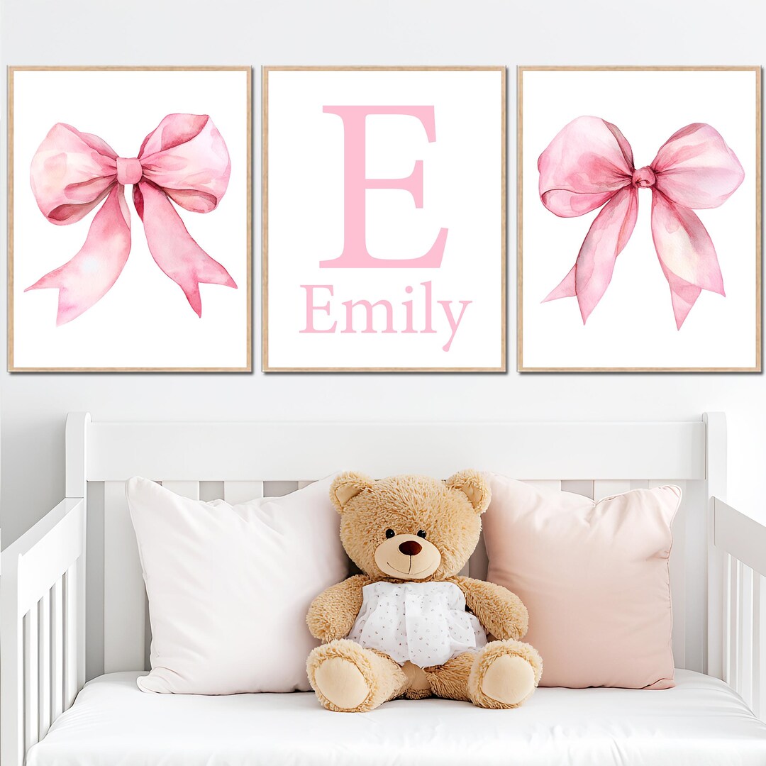 Personalized Pink Bow Art Prints Baby Girl's Nursery Wall Decor Custom ...