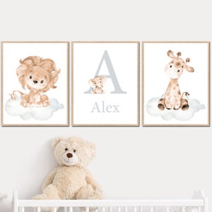 Nome personalizzato per bambini, stampa iniziale neutra per la cameretta dei bambini, decorazione murale personalizzata con elefante, set di 3 poster beige grigio giraffa leone