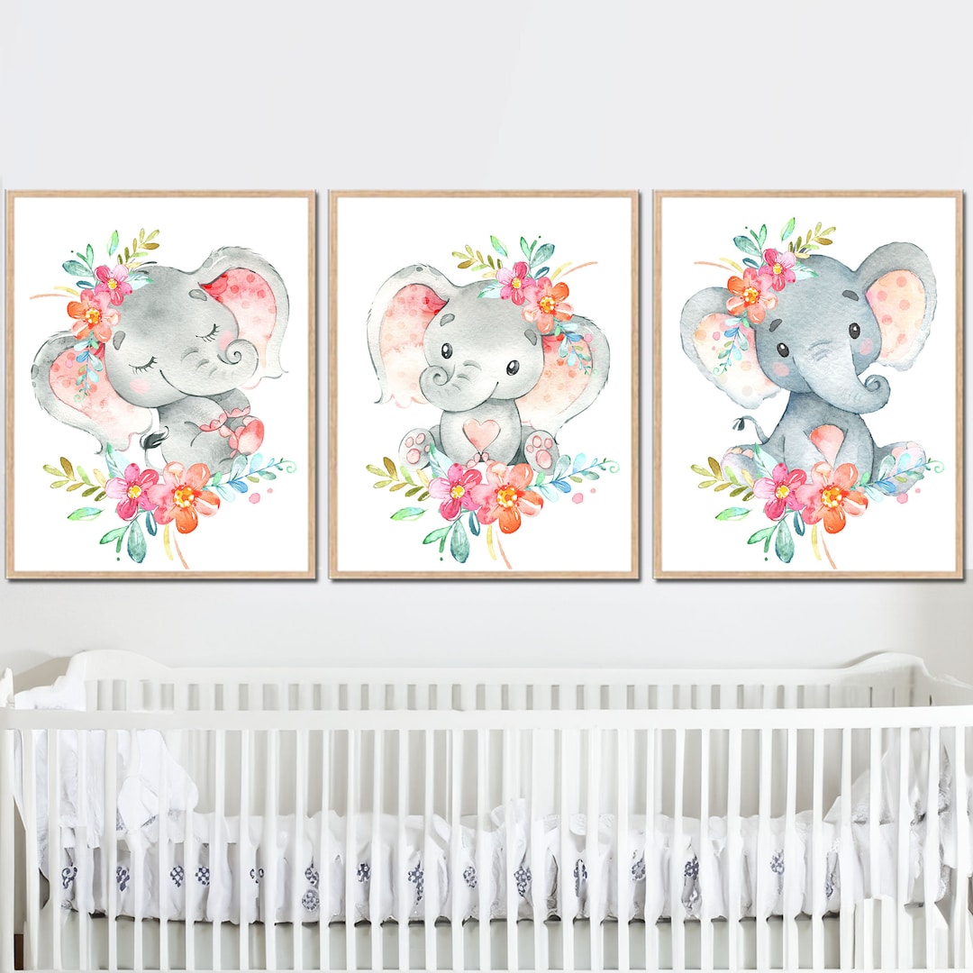 Elephant Wall Art Prints Baby Girl Nursery Decor Kids Room Floral Set ...