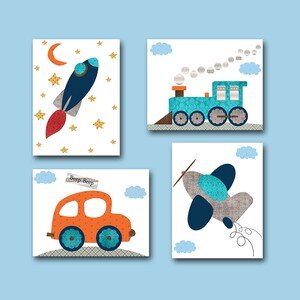 Decorazione da parete per la cameretta del bambino, stampa artistica per bambini, set di 4 auto, razzo, aereo, treno, grigio e blu /