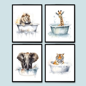 Animali della giungla Bambini Bagno Decorazione da parete Stampe digitali per bambini Elefante Giraffa Leone Tigre Set di 4 poster Immagini di bambini e bambine del safari