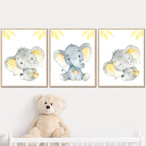 Elefante decoración de la pared neutral bebé niña niño vivero arte impresión cartel niño habitación niño conjunto de 3 gris amarillo género imagen digital niño /