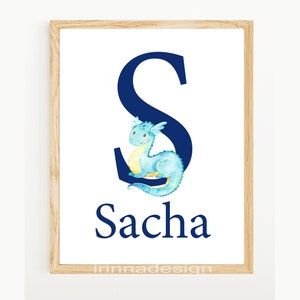 Cartel personalizado con el nombre del bebé y el dragón para la guardería de los niños, impresión de pared con la letra inicial, decoración personalizada para la habitación del niño con dragón