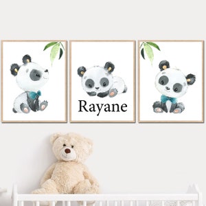 Stampa del nome del panda del bambino Decorazione artistica da parete per la cameretta dei bambini Set di 3 poster personalizzati su tela per una piccola galleria di regali digitali personalizzati
