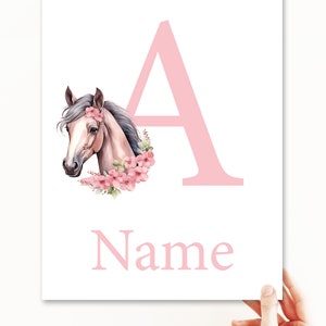 Cheval bébé fille personnalisé prénom signe naissance affiche déco enfants chambre d'enfant art lettre initiale impression murale personnalisée pour photos numériques d'enfants