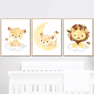 Decoración de pared con diseño de león para bebé, impresiones artísticas para guardería de niño y niña, juego neutro de 3 pósteres para habitación de niños, tema de nube lunar, imagen digital imprimible