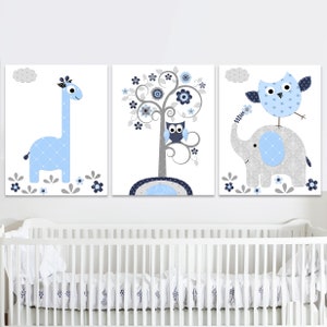Bebé niño pared decoración jirafa elefante vivero arte impresión niños habitación niño carteles conjunto de 3 lienzo imprimible azul marino gris niño digital