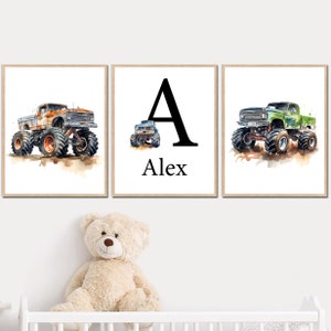 Impresiones de Monster Truck, decoración de pared para guardería de bebé niño, póster artístico personalizado con nombre para habitación infantil, juego de 3 para niños, imágenes de regalo digitales