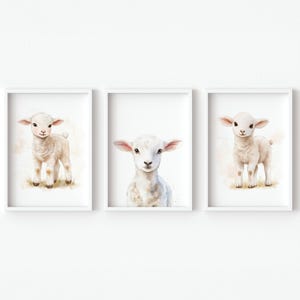 Stampa artistica da parete per cameretta dei bambini, motivo a forma di agnello, set neutro di 3 pezzi, trittico, poster ad acquerello, per bambini, digitale, fattoria