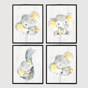 Neutro Baby Boy Nursery Wall Art stampabile Bambini Sala giochi Decor set di 4 immagini Poster Bambini Elefante digitale Grigio giallo bambino /