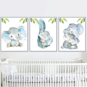 Poster elefante madre e bambino bambino asilo nido stampa artistica mamma bambini decorazione da parete camera set di 3 adesivi su tela blu grigio verde