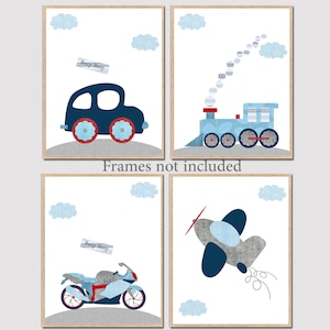 Trasporto Decorazione della stanza del neonato Decorazione della parete della scuola materna Stampa Aereo Bambini Tela per bambini set di 4 vagone del treno digitale blu navy grigio rosso