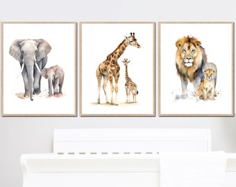 Safari Animal Babies Mother Baby Art Printable Nursery Wall Decor zoo Mom set of 3 Watercolor Giraffe Elephant Lion digital poster home gift