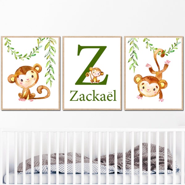 Baby Monkey Nursery Wall Art Decor Custom Name Prints Boy Girl Kids Room set of 3 Jungle Posters Letter Initial personalized printable