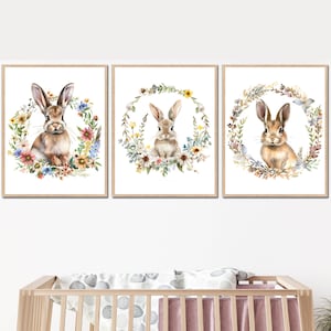 Bunny Nursery Wall Decor Rabbit Dormitorio arte Carteles Bebé Animales Imprimible Floral niño neutral conjunto de 3 niñas niños digital regalo granja imágenes
