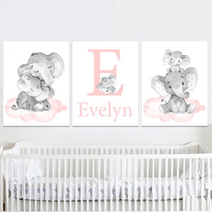 Nom de bébé personnalisé fille neutre chambre d'enfant éléphant art initial estampes décoration murale personnalisée enfants enfants lot de 3 affiche numérique gris rose