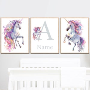 Baby Einhorn Prints Wand Kunst Dekor personalisierte Name Baby Mädchen Kinderzimmer benutzerdefinierte Pferd Kinder Schlafzimmer 3er-Set Digitale Poster Kleinkind Bilder