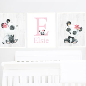 Letras iniciales, impresiones personalizadas, nombre, panda, decoración de pared, arte para niños, niña, guardería, dormitorio infantil, juego de 3, lienzo, pequeño regalo, póster digital