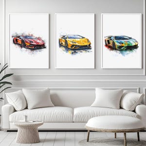 Lamborghini Sport Car Race Wall Art Decor Poster stampabile del veicolo per la cameretta dei bambini, set digitale di 3 pezzi, camera da letto di lusso per bambini, soggiorno.