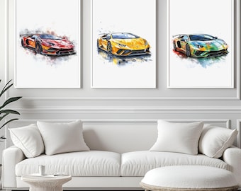 Lamborghini Sport Car Race Wall Art Decor Póster de vehículo imprimible Niño Guardería Digital Set de 3 Dormitorio infantil de lujo Sala de estar para niños pequeños