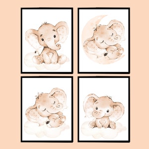 Decorazione per la cameretta dei bambini, stampa artistica da parete per bambini, elefante, genere, poster, set di 4, beige, bambine, ragazzi, animali, immagini digitali della luna