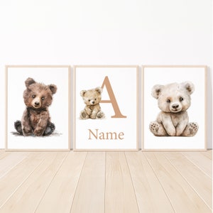 Orso da parete Arte Bambino Asilo Nido Decorazione Bambina Bambini Personalizzati Nome Camera da letto Set di 3 neutri Digitale Stampabile Poster di animali Regalo per baby shower