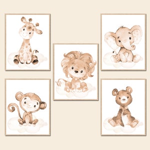Poster stampabile per la decorazione della parete della camera da letto, per bambini, maschi e femmine, con animali della giungla, set di 5 elefanti, leoni, orsi, scimmie, giraffe