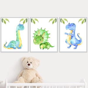 Arte murale con dinosauri, stampabile, decorazione per la cameretta del bambino, set di 3 acquerelli, poster per la camera da letto dei bambini, immagini digitali su tela