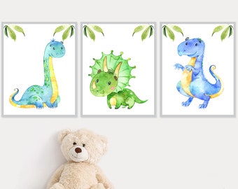 Dinosaur Wall Art Printable Baby Boy Nursery Decoration Watercolor set of 3 Kids Child Bedroom posters Digital Canvas pictures